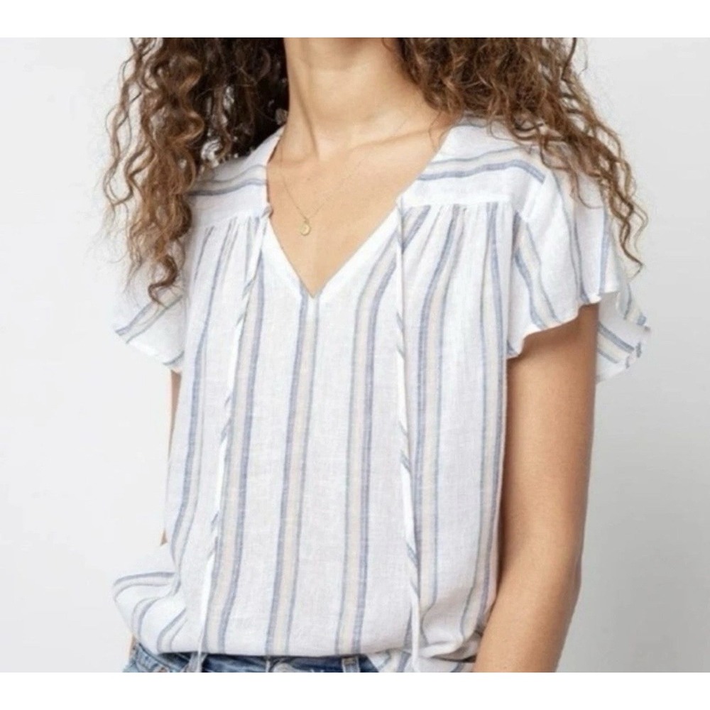 Rails Viera Ryland Stripe Linen Blend Top Women's XS Short Sleeve Coastal